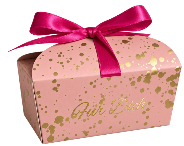 Poche „Für Dich“ für Pralinen in Rosé mit goldfarbenem Sprenkelmuster und pinker Satin-Schleife